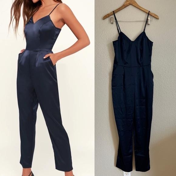 Navy Blue Satin Sleeveless Jumpsuit NWOT XS - Picture 1 of 7